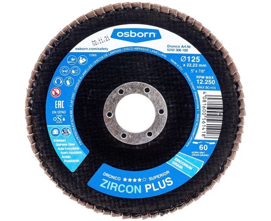 Диск абразивный лепестковый торцевой Zircon Plus K60 (125х22.23 мм) DRONCO 5242306100 