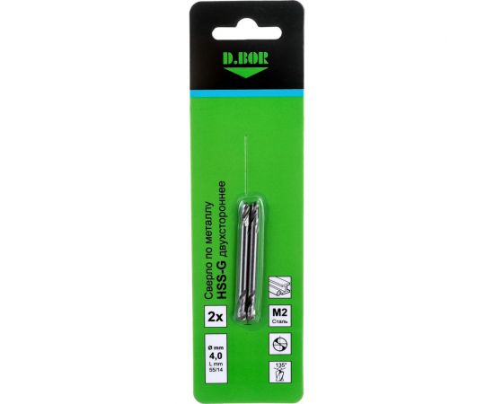 Сверло по металлу шлифованное двухстороннее HSS-G 4х14х55 мм, 2 шт D.BOR D-TD-DE-HSS-040-02 