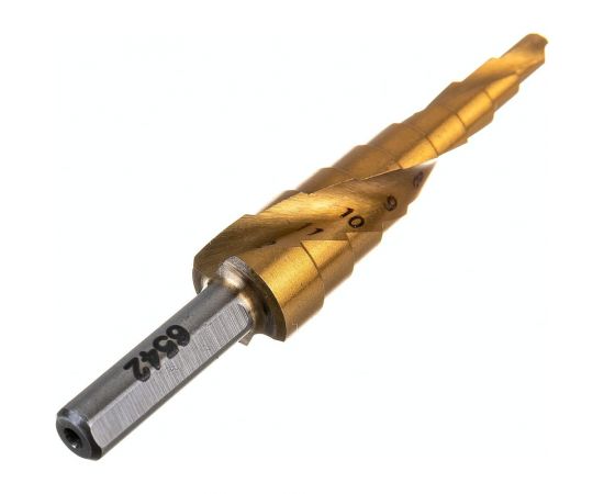 Сверло ступенчатое по металлу SPIRAL HSS-TiN 4-12х1/70 мм D.BOR SDSP-TIN-04-12-06 – изображение 2