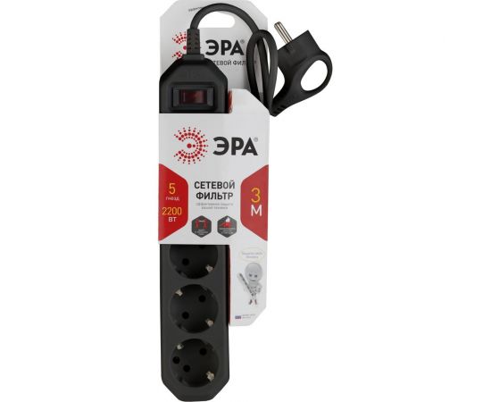 Сетевой фильтр ЭРА USF-5es-3m-B черный с заземлением 3x0,75мм2, с выкл, 5гн, 3м Б0019034 – изображение 4