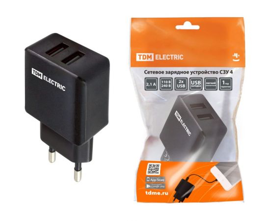 Сетевое зарядное устройство TDM СЗУ 4, 2,1 А, 2 USB, черный, SQ1810-0021 
