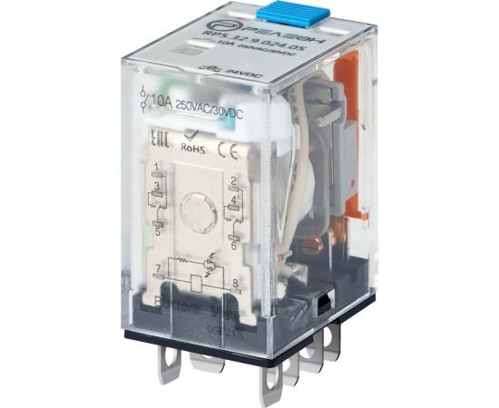 Миниатюрное силовое реле Релеон 2 CO контакта 10А;= 24В DC; блокируемая кнопка проверки, RP532902405 