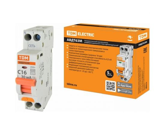 Автоматический выключатель дифференциального тока TDM АВДТ 63М, 2P 1P+N C, 16, 30мА, 4,5кА, тип АС SQ0202-0060 