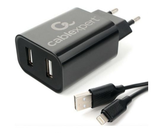 Адаптер питания Cablexpert USB 2 порта, 2.4A, черный + кабель 1м lightning MP3A-PC-36 – изображение 2