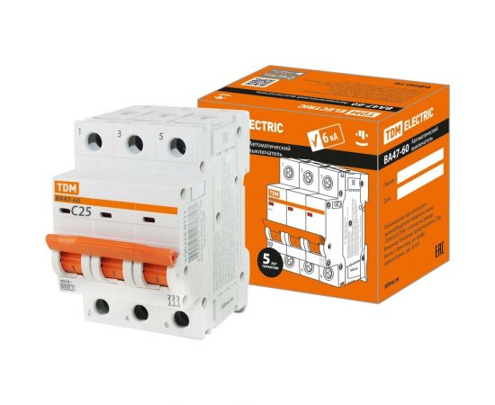 Автоматический выключатель TDM ВА47-60 3Р 25А 6кА характеристика С SQ0223-0111 