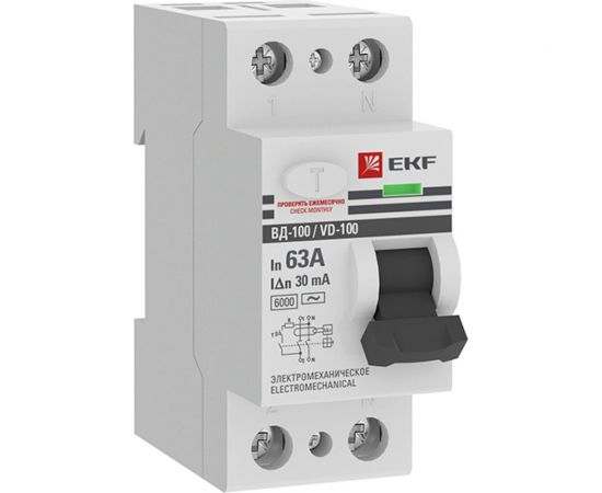 Устройство защитного отключения EKF ВД-100, 2P, 63А, 30мА, тип АС, электромеханическое, 6кА, PROxima elcb-2-6-63-30-em-pro 