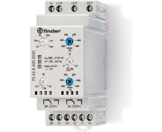 Реле контроля фаз Finder пониж/повыш напряж, обрыв/черед., выход 2co 8а, 380-415в, 704284002032 