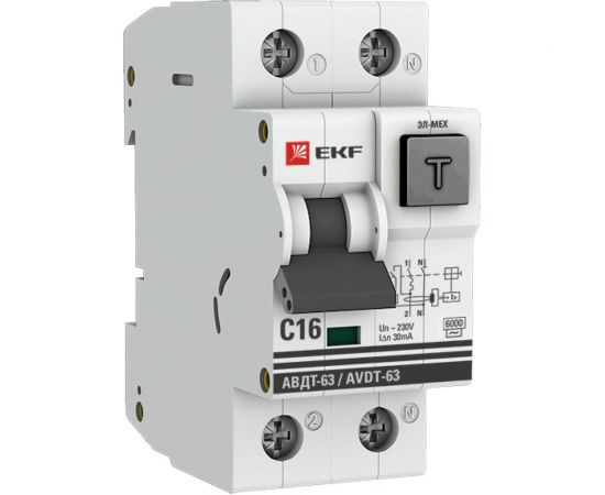 Дифференциальный автомат EKF PROxima АВДТ-63, 16А, 30мА, характеристика C, электро-механический, тип AC, 6кА DA63-16-30-AC 