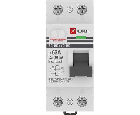 Устройство защитного отключения EKF ВД-100, 2P, 63А, 30мА, тип АС, электромеханическое, 6кА, PROxima elcb-2-6-63-30-em-pro – изображение 2