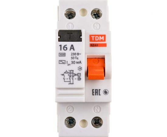 Устройство защитного отключения TDM ВД63 2Р 16А 30мА электронное SQ0220-0001 – изображение 3