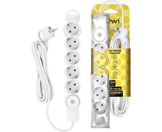 Сетевой фильтр duwi 5 гнезд, с выключателем, с заземлением, со шторками,3 м, цвет белый 32576 5 