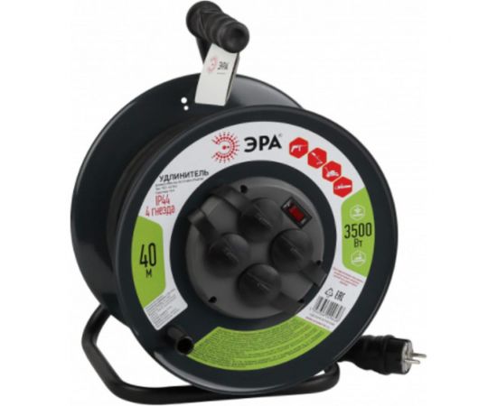 Силовой удлинитель ЭРА RMx-4es-3x1.5-40m-IP44(KG) на металлической катушке c заземлением 4 розетки 40м КГ 3х1.5мм2, Б0046848 