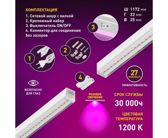 Светильник для растений ЭРА фитолампа светодиодная линейная LLED-05-T5-FITO-18W-W розового свечения 18 Вт, Б0028201 – изображение 14