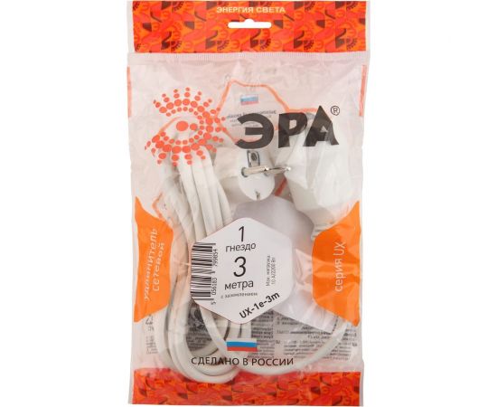 Удлинитель ЭРА UX-1е-3m электрический, с заземлением, 1 розетка, 3м, ПВС 3x0,75мм2, 10А, Б0039817 – изображение 2