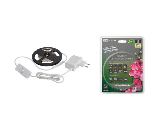 Комплект светодиодной ленты TDM SMD2835-60 LED/м-12 В-4,8 Вт/м-IP20-3000 К 3 м, 18 Вт SQ0331-0221 