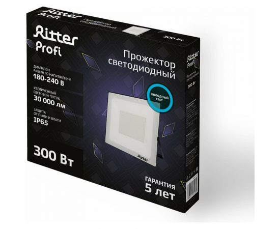 Светодиодный прожектор RITTER серия PROFI 230В 300 Вт 6500К 30000Лм IP65 черный 53413 0 – изображение 3