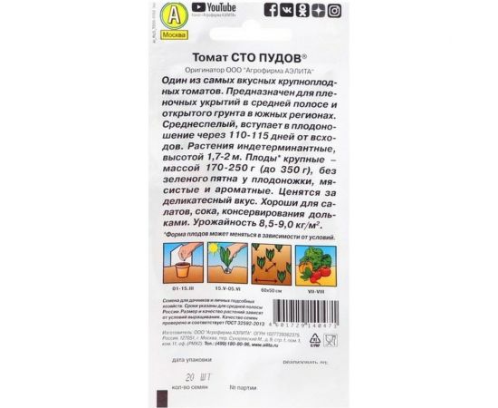 Семена Аэлита Томат Сто пудов 20 шт. 4601729140471 – изображение 2