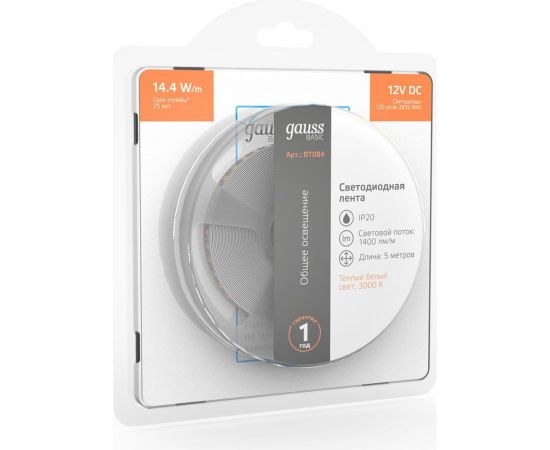 Лента Gauss Basic 12V 14,4W/m 1400lm/m 3000K IP20 LED 5m BT084 – изображение 3