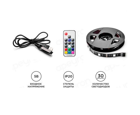 ТВ-подсветка Apeyron, комплект светодиодной ленты 5В, 14,4 Вт/м, RGB 10-69 – изображение 6