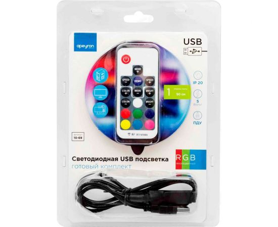 ТВ-подсветка Apeyron, комплект светодиодной ленты 5В, 14,4 Вт/м, RGB 10-69 – изображение 9