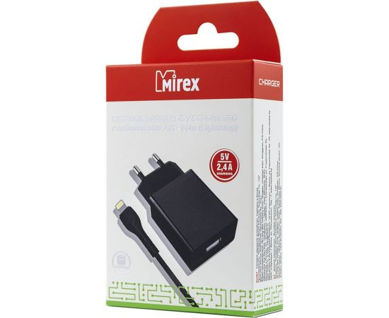 Сетевое зарядное устройство Mirex U16i, 1хUSB-А, 2.4А + кабель AM-8pin 1 м, черный, в коробке 3701-U16iBK 13701-U16iBK 