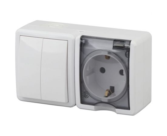 Блок: розетка+двойной выключатель ЭРА Эксперт 11-7402-01 IP54, 16АХ10AX-250В, ОУ, белый Б0020735 