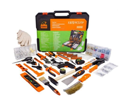 Набор инструментов ISMA 1/4"", 6-гр., 5-13 мм, шарнирно-губцевый, биты, молоток, рулетка, уровень, клеевой пистолет, расходник, 1372 предмета ISMA-513722(50791) 