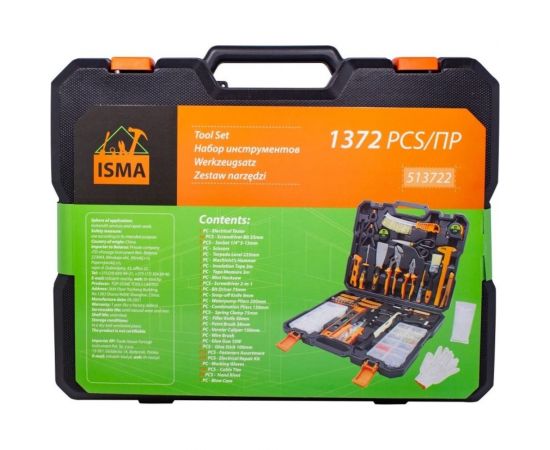 Набор инструментов ISMA 1/4"", 6-гр., 5-13 мм, шарнирно-губцевый, биты, молоток, рулетка, уровень, клеевой пистолет, расходник, 1372 предмета ISMA-513722(50791) – изображение 10