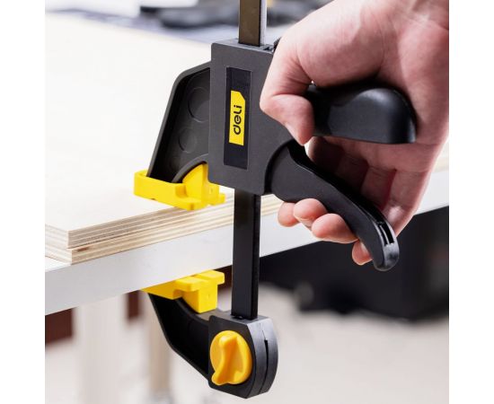 Быстрозажимная пистолетная струбцина DELI dl110112 300x70мм, стальная рама, пластиковые губки, макс.усилие до 750Н 112014 – изображение 8