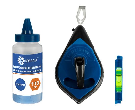 Набор из шнура и краски КОБАЛЬТ длина шнура 30 м, в пластиковом корпусе, синий меловой порошок, 115 гр, уровень 907-224 