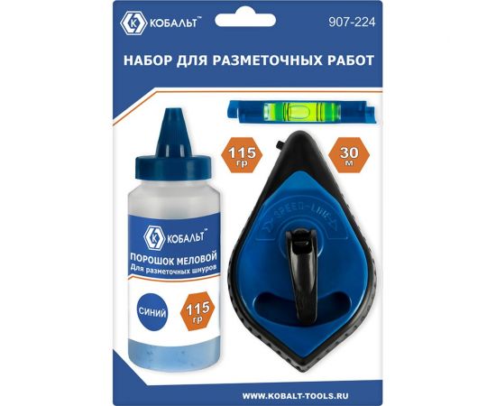 Набор из шнура и краски КОБАЛЬТ длина шнура 30 м, в пластиковом корпусе, синий меловой порошок, 115 гр, уровень 907-224 – изображение 2