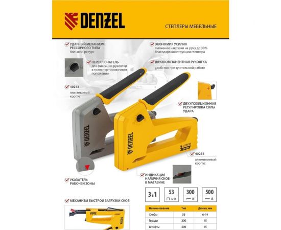 Мебельный степлер Denzel алюминиевый корпус, тип 53, 6-14 мм, тип 300, 15 мм, тип 500, 15 мм 40214 – изображение 10