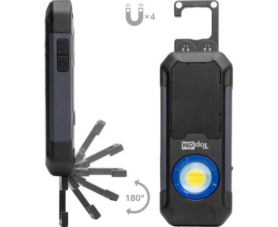 Аккумуляторный фонарь TopOn LED 5 Вт 550 лм 3.7 B 3 Ач 11.1 Втч Bluetooth колонка, дополнительный фонарь, магнитное крепление, крючок TOP-MX055BT – изображение 2
