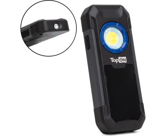 Аккумуляторный фонарь TopOn LED 5 Вт 550 лм 3.7 B 3 Ач 11.1 Втч Bluetooth колонка, дополнительный фонарь, магнитное крепление, крючок TOP-MX055BT – изображение 4