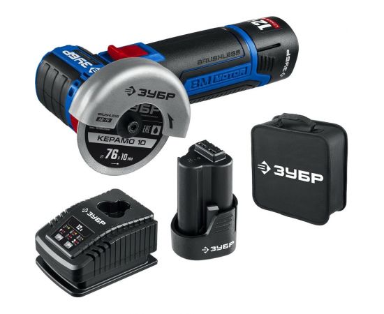 Бесщеточная угловая шлифмашина ЗУБР Профессионал 12 В, 2 АКБ, в сумке AB-76-22 