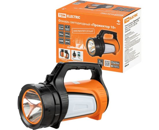Светодиодный аккумуляторный фонарь TDM ""Прожектор 10"", 10 Вт LED+12 SMD+12 SMD, 350 лм, 3,7 В 2,4 Ач, USB, SQ0350-0003 