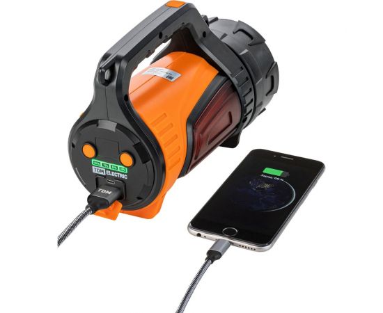 Светодиодный аккумуляторный фонарь TDM ""Прожектор 10"", 10 Вт LED+12 SMD+12 SMD, 350 лм, 3,7 В 2,4 Ач, USB, SQ0350-0003 – изображение 8