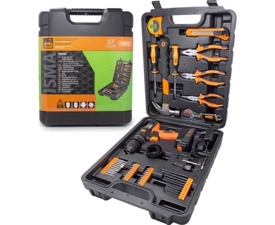 Набор инструментов с аккумуляторным шуруповертом ISMA 57 предметов, 16 В, 1.3 Ач 1057(50646) 