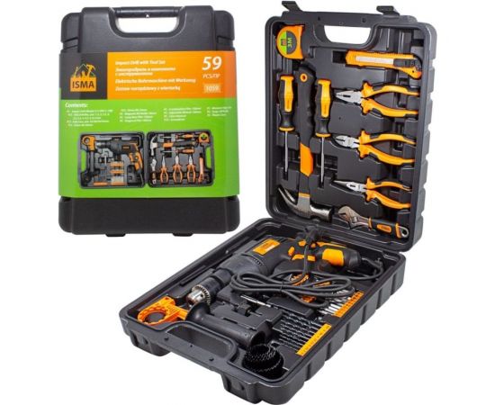 Набор инструментов с электрической дрелью ISMA 59 предметов, 220 В, 750 Вт, 0-2900 об/мин, в кейсе 1059(50734) 