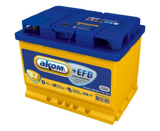Аккумуляторная батарея АКОМ + EFB 62 Ah, 620 A, прямая полярность 4607034731069 