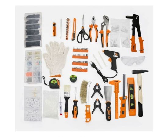 Набор инструментов ISMA 1/4"", 6 гр., 5-13 мм, шарнирно-губцевый, отвертки, биты, уровень, молоток, расходник, кейс-слесарный стул max нагр.120 кг, 1500 предметов 515002(48105) – изображение 2