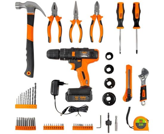 Набор инструментов с аккумуляторным шуруповертом ISMA 57 предметов, 16 В, 1.3 Ач 1057(50646) – изображение 2