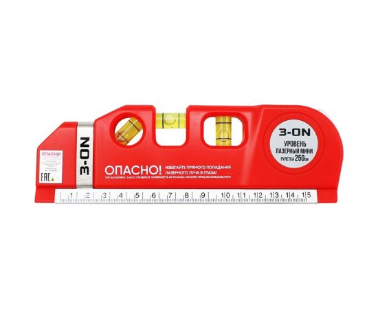 Лазерный мини-уровень ON рулетка 250см, линейка 15см, 3 глазка, питание 3хAG13, 05-04-001 – изображение 2