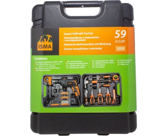 Набор инструментов с электрической дрелью ISMA 59 предметов, 220 В, 750 Вт, 0-2900 об/мин, в кейсе 1059(50734) – изображение 5