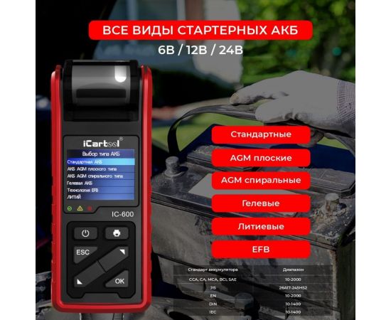 Тестер аккумуляторных батарей (АКБ) 6/12/24V iCarTool IC-600 – изображение 2
