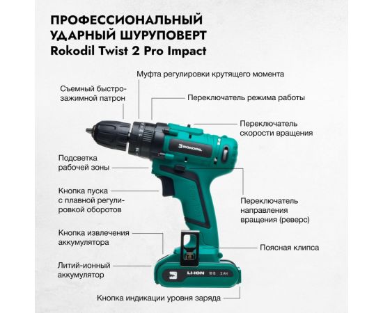 Ударный аккумуляторный шуруповерт Rokodil Twist 2 Pro Impact 18V 1045942 – изображение 3