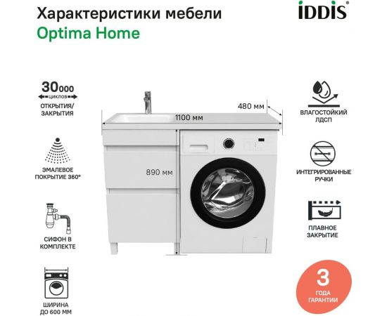 Напольная тумба с умывальником для стиральной машины IDDIS с ящиками 110 см левая белая optima home OPH11LBi95K – изображение 15