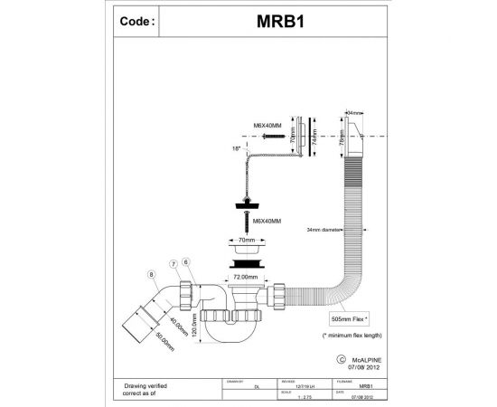 Слив-перелив McAlpine L368 х D34 мм, нержавеющая решетка, пробкой и цепочкой, выход D=40/50 мм MRB1 – изображение 4
