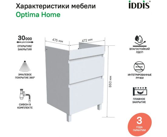 Напольная тумба с умывальником для стиральной машины IDDIS с ящиками 110 см левая белая optima home OPH11LBi95K – изображение 9