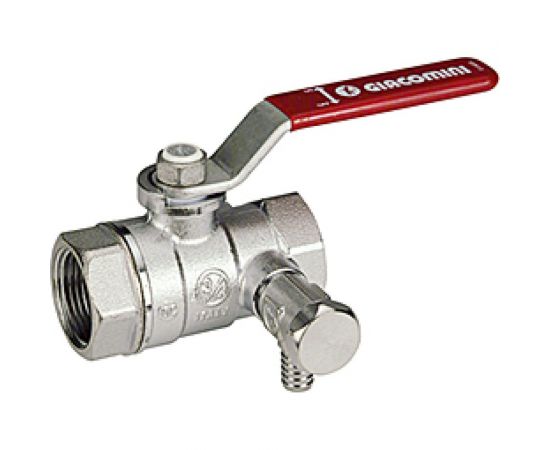 Шаровой кран Giacomini R250DS 1/2"", внутренняя/внутренняя, ручка-рычаг красный, хромированный, со сливом R250SX003 